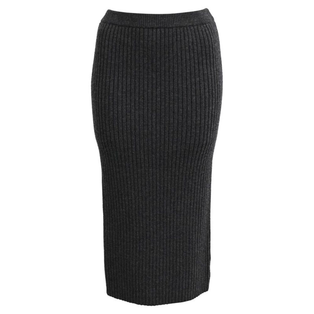 Michael Kors Ribbed-Knit Midi Fitted Skirt in Grey Wool